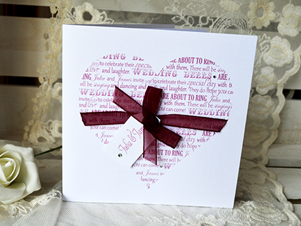 From the Heart wedding invitations with organza bow, tag and diamantes